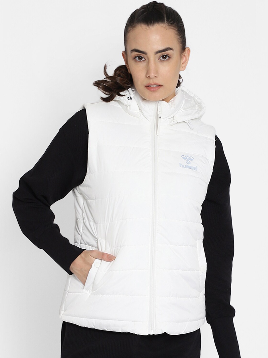 

hummel Women White Solid Windcheater Hooded Quilted Jacket
