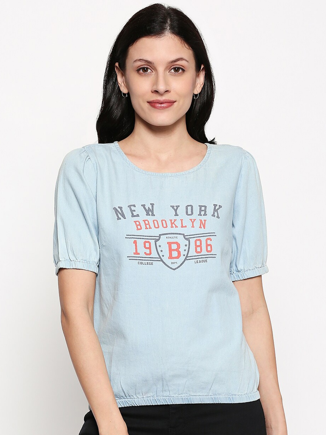 

People Women Blue Printed Regular Top