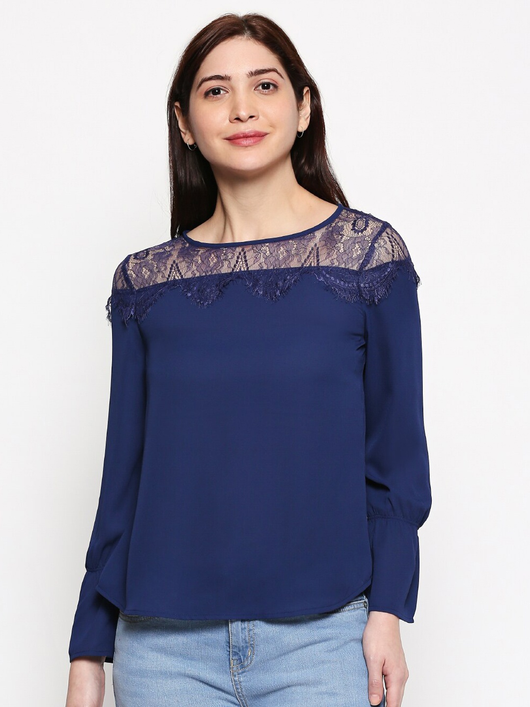 

People Women Navy Blue Solid Regular Top