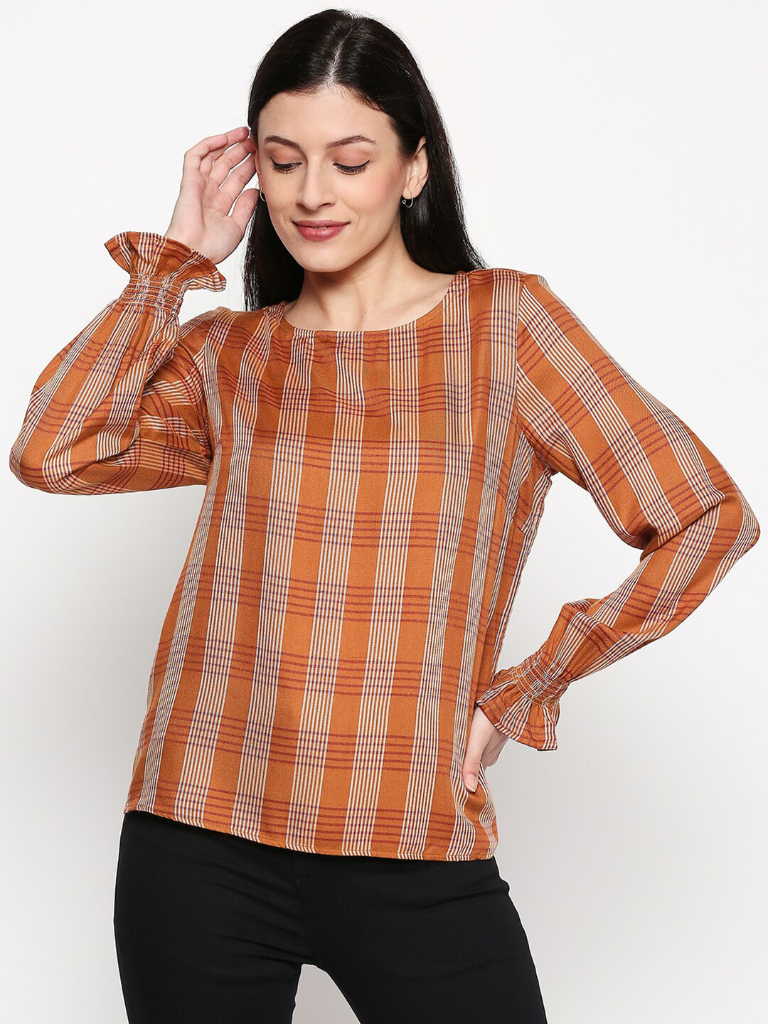 

People Women Mustard Yellow & White Checked Regular Top