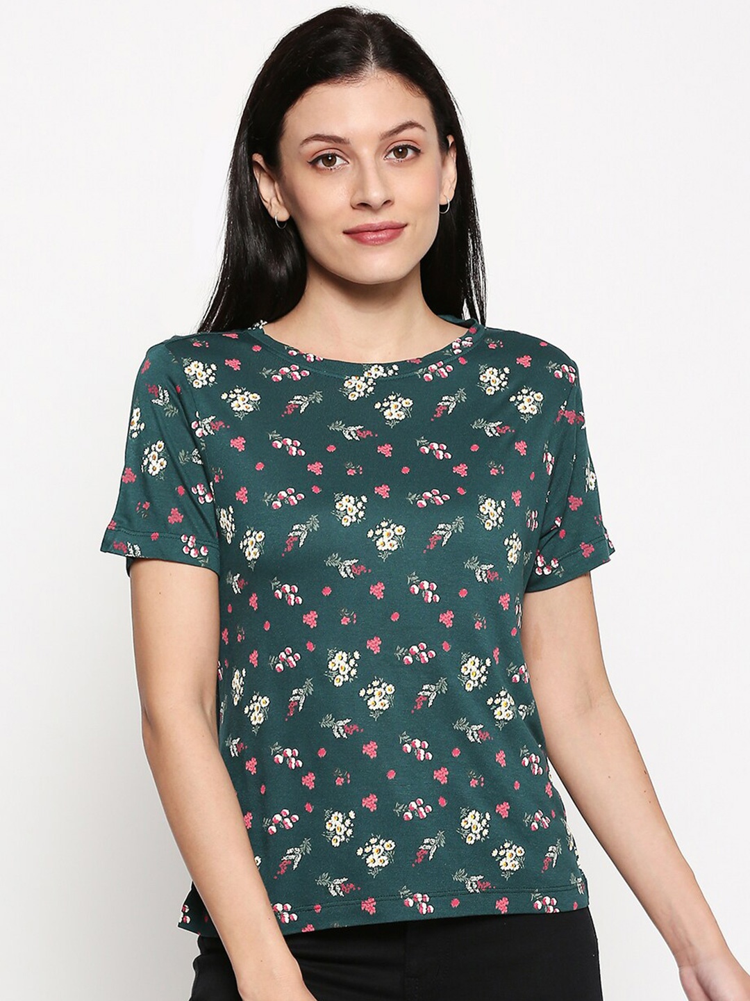 

People Women Green & White Floral Print Regular Top