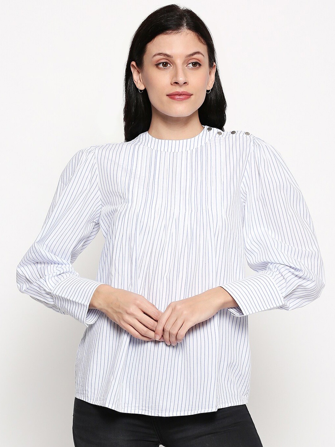 

People Women White & Blue Striped Regular Top