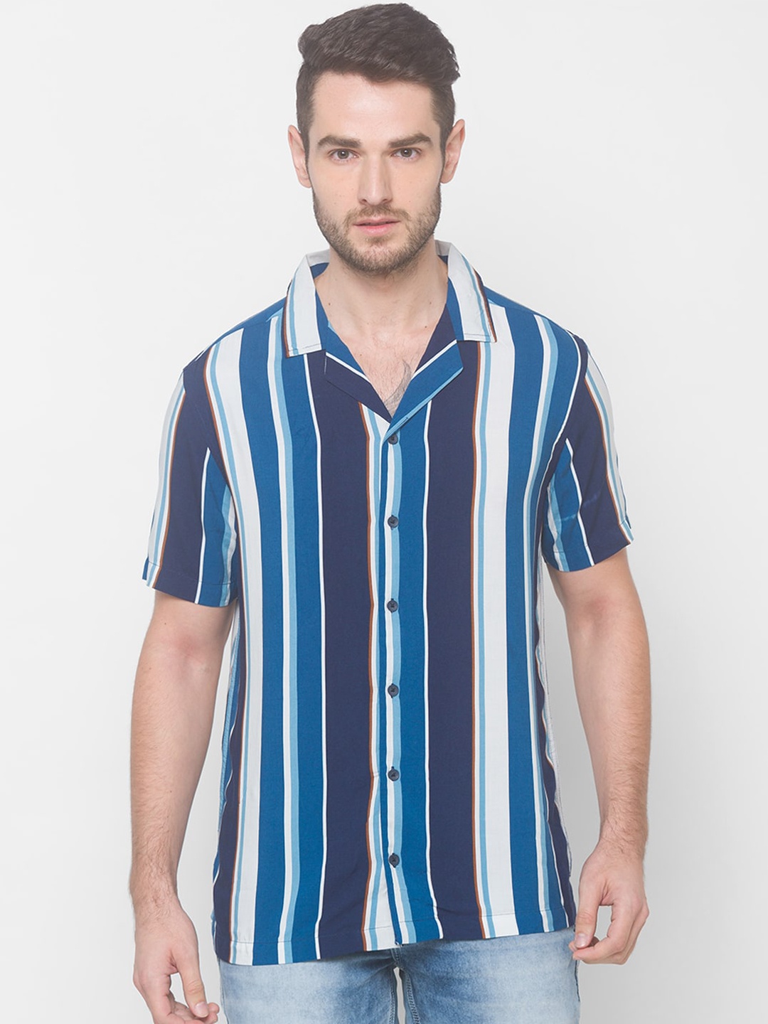 

Globus Men Navy Blue & White Striped Casual Shirt