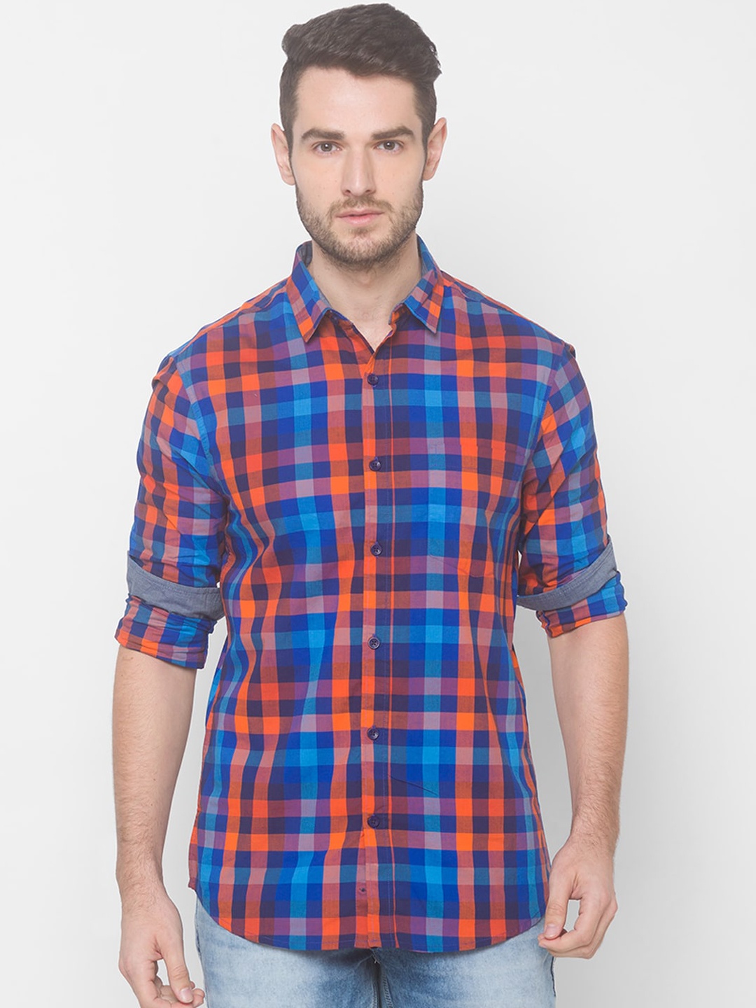 

Globus Men Navy Blue & Orange Buffalo Checks Casual Shirt