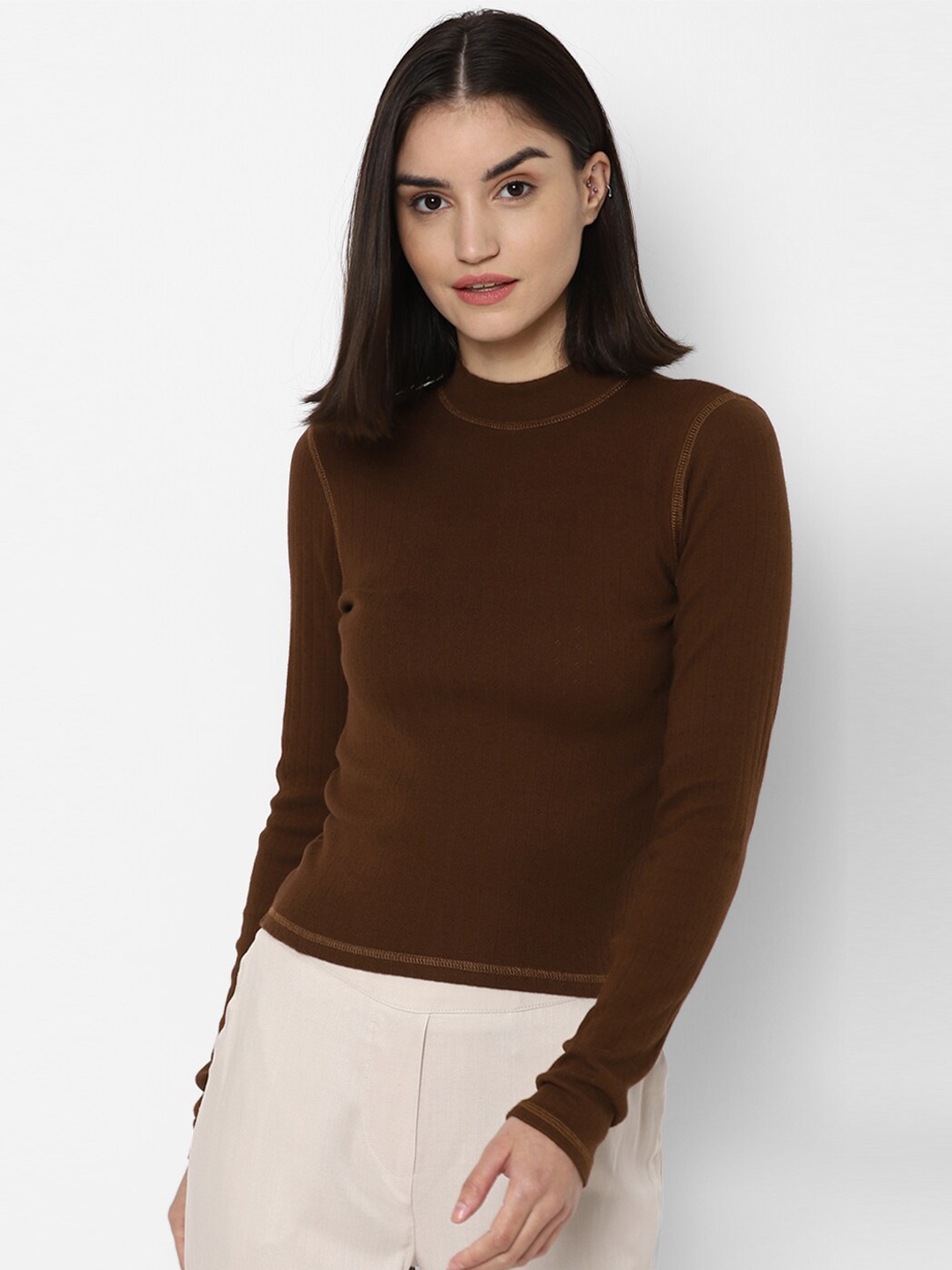 

AMERICAN EAGLE OUTFITTERS Women Brown High Neck Cut Outs Slim Fit T-shirt