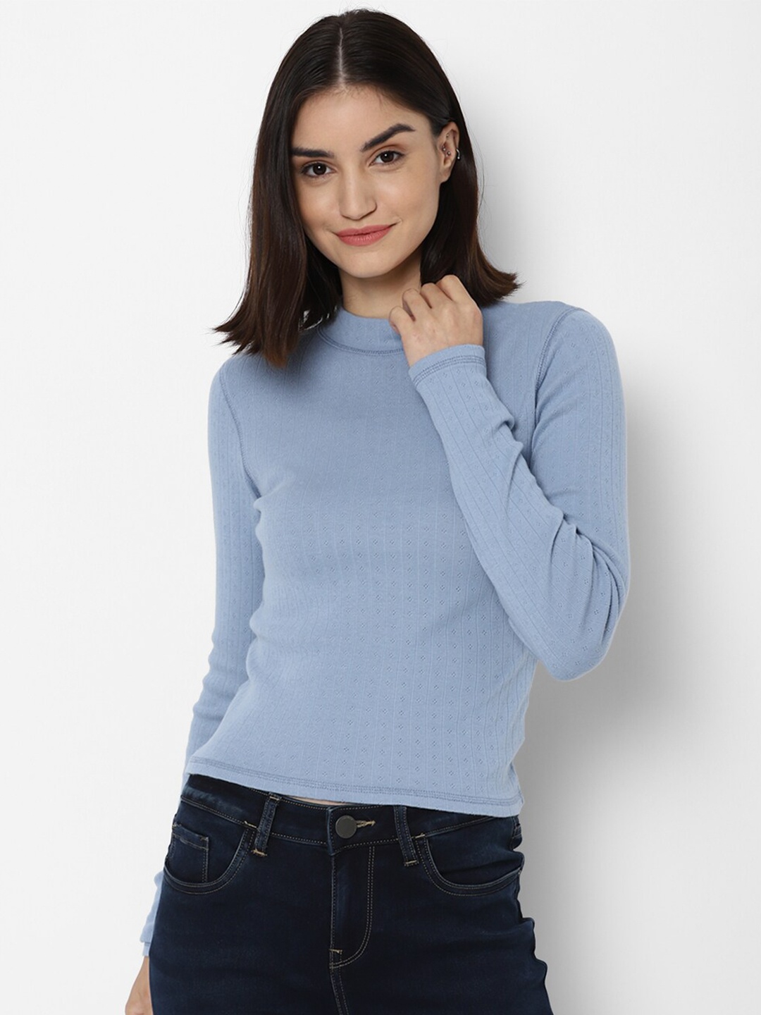

AMERICAN EAGLE OUTFITTERS Women Blue High Neck Slim Fit Pure Cotton T-shirt