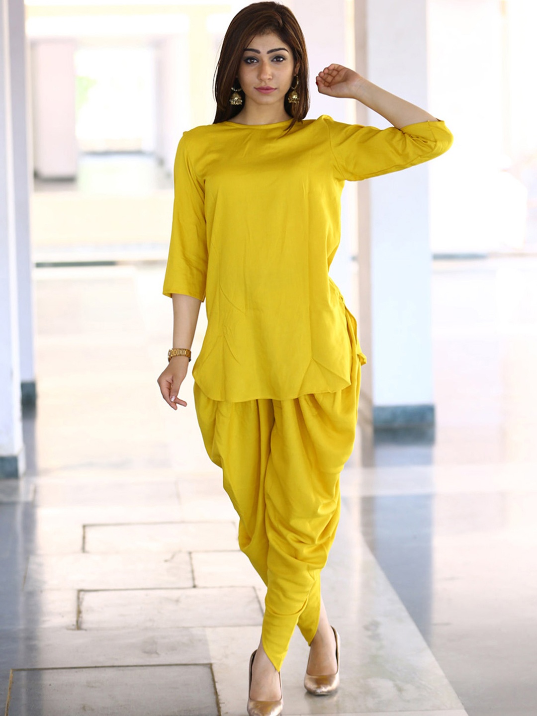 

Lavanya The Label Women Yellow Pleated Pure Cotton Kurti with Dhoti Pants