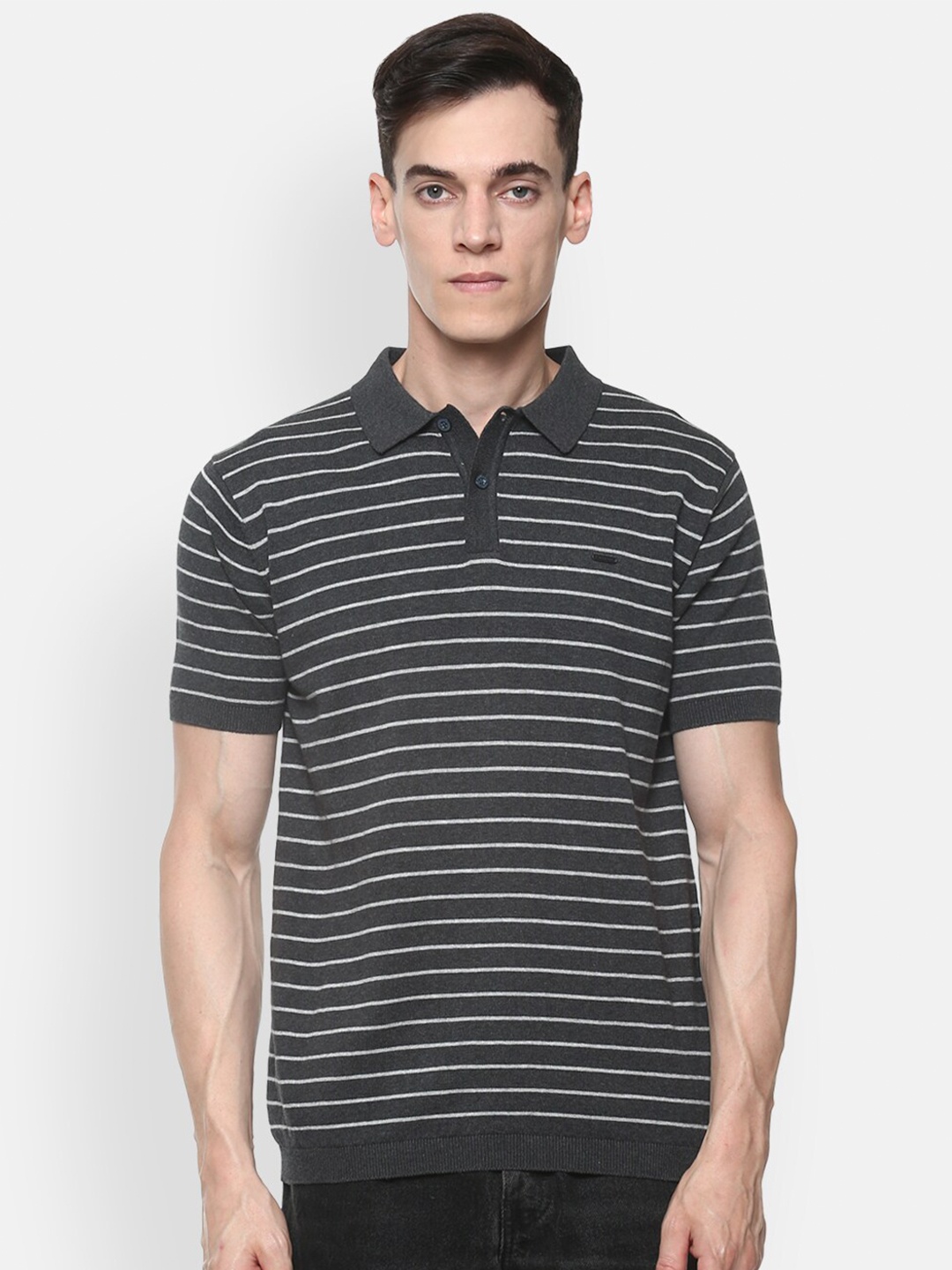 

Van Heusen Sport Men Grey & White Striped Polo Collar Pure Cotton T-shirt