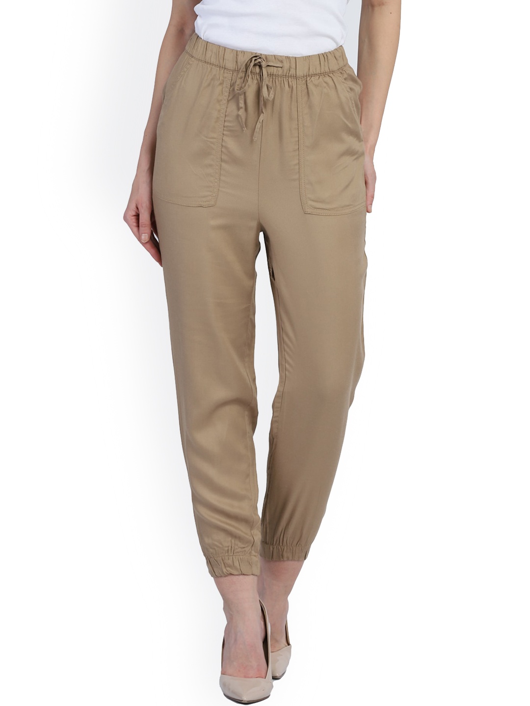 

NoBarr Women Beige Slim Fit High-Rise Joggers Trousers