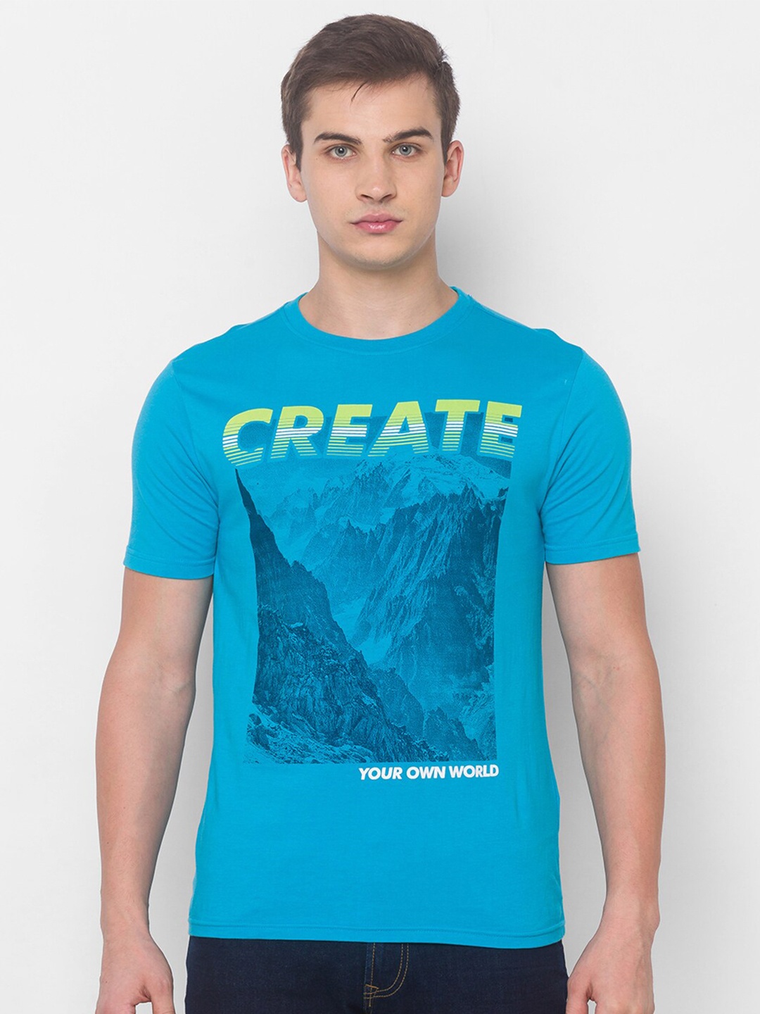 

Globus Men Blue Typography Printed Raw Edge T-shirt