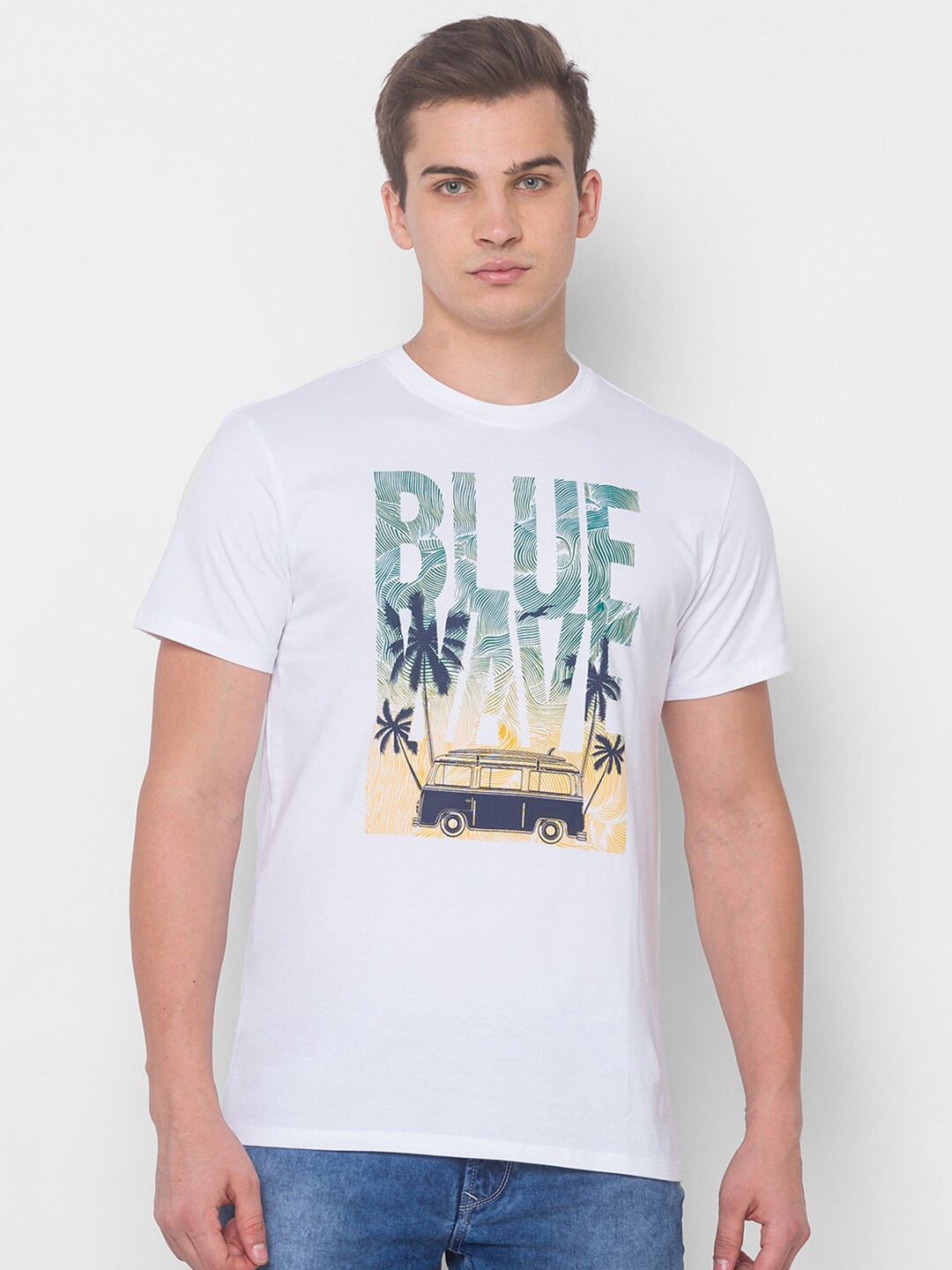 

Globus Men White & Blue Printed Tropical Cotton T-shirt