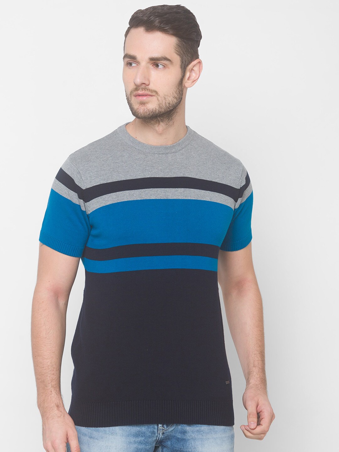 

Globus Men Teal Striped Pockets T-shirt