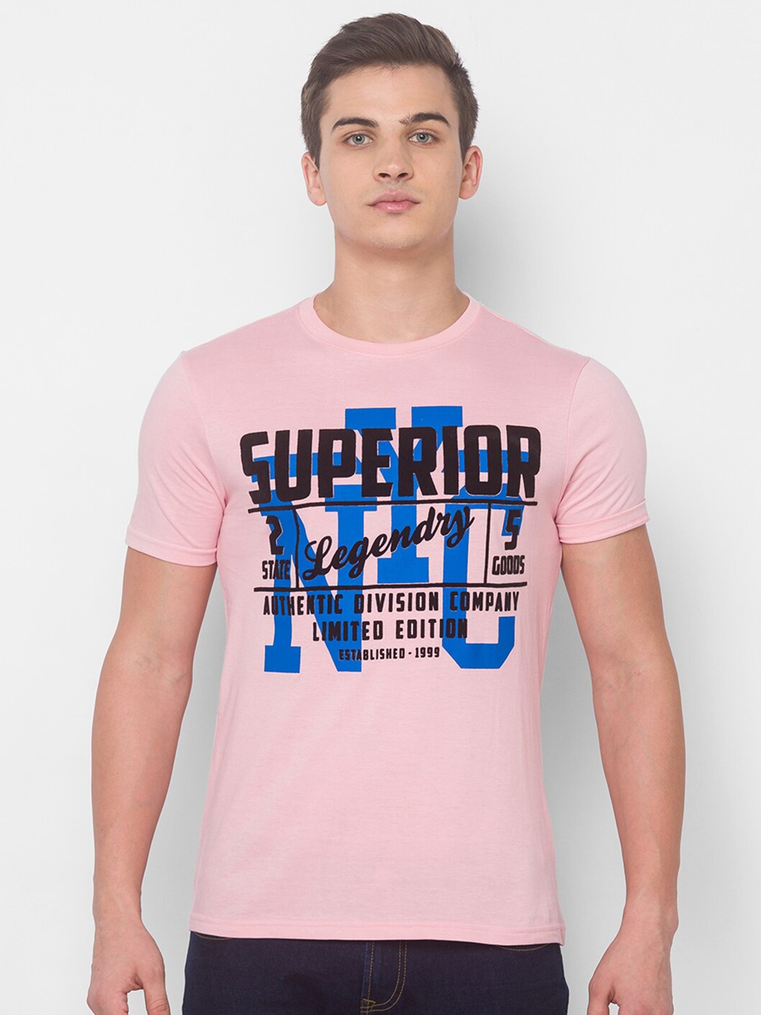 

Globus Men Pink & Blue Printed Cotton T-shirt