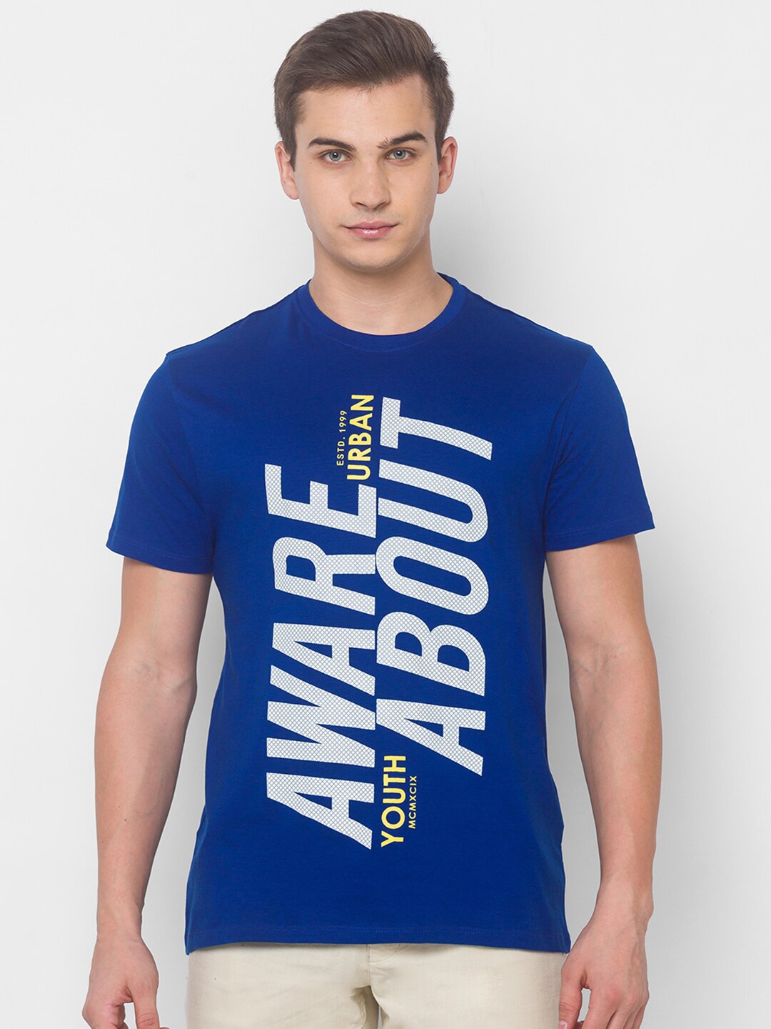 

Globus Men Blue & White Typography Printed Cotton T-shirt