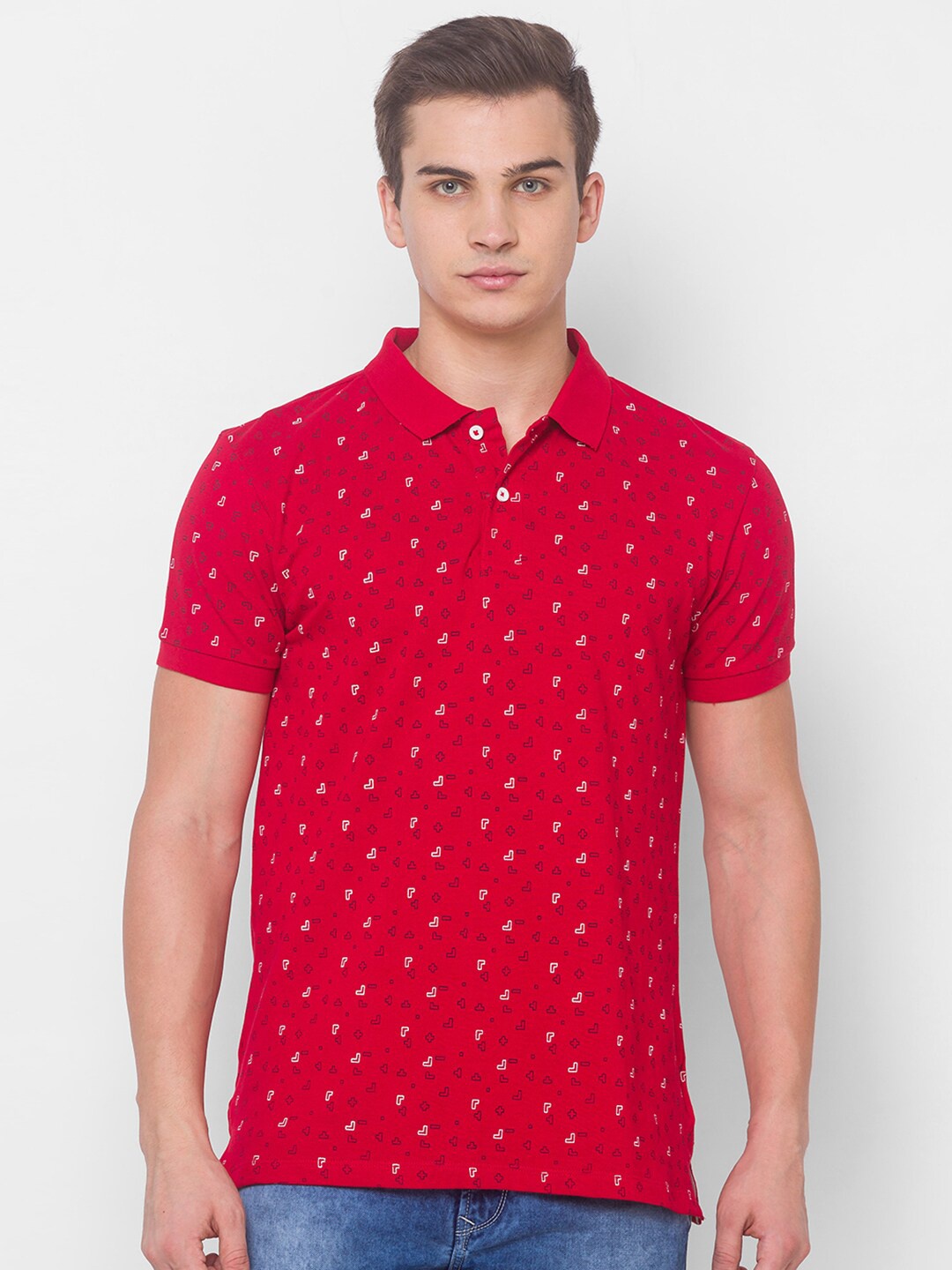 

Globus Men Red & White Printed Polo Collar Pockets T-shirt