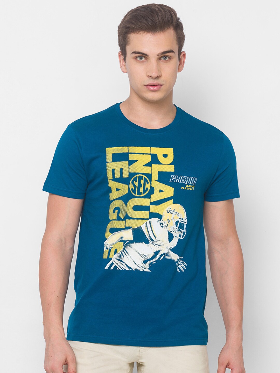 

Globus Men Teal & Yellow Typography Printed T-shirt
