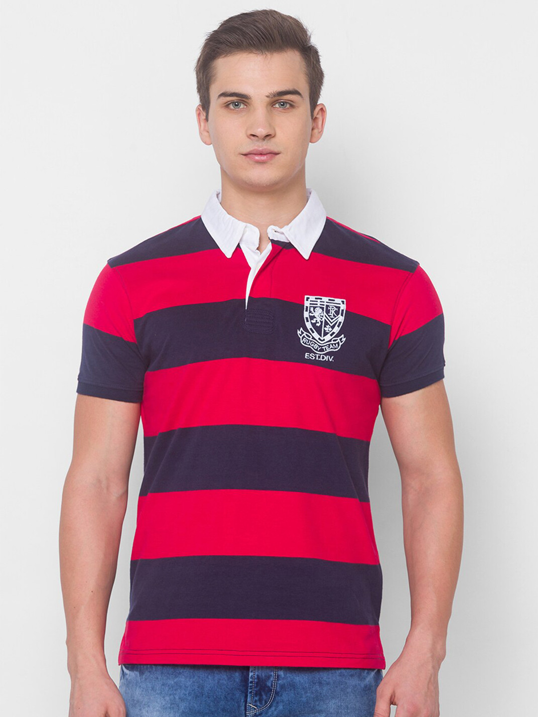 

Globus Men Red & Navy Blue Striped Polo Collar T-shirt