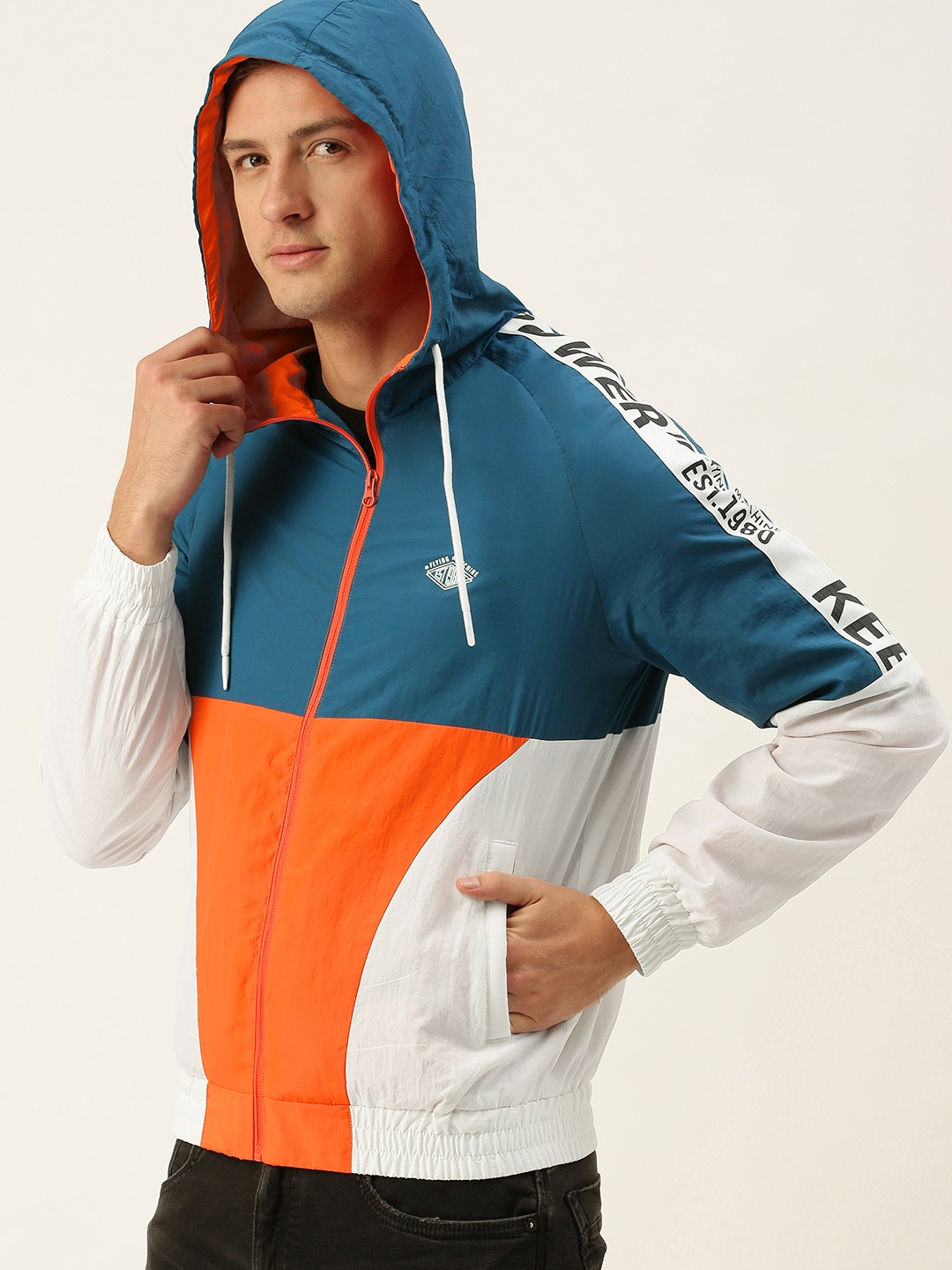 

Flying Machine Men Orange & Teal Blue Colourblocked Sporty Jacket
