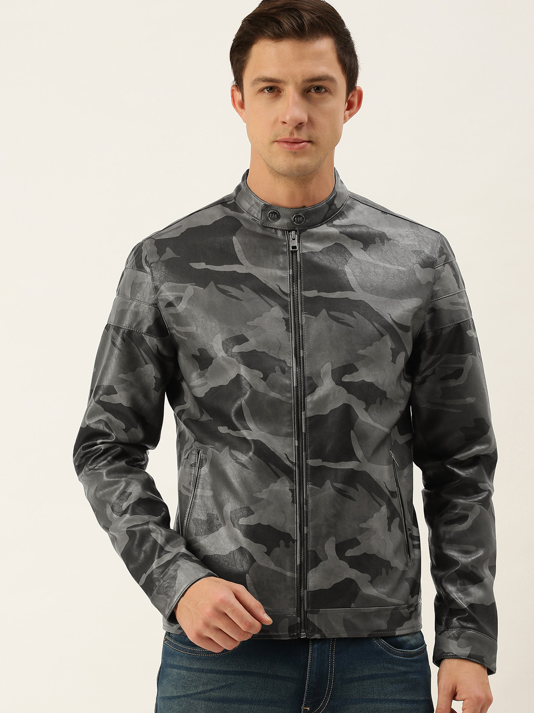

Flying Machine Men Grey Black Camouflage Biker Jacket