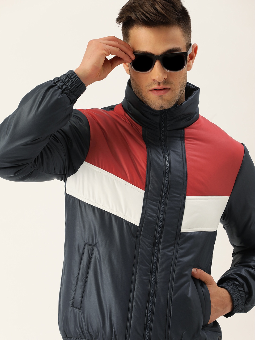 

Flying Machine Men Navy Blue & Red Colourblocked Bomber Jacket