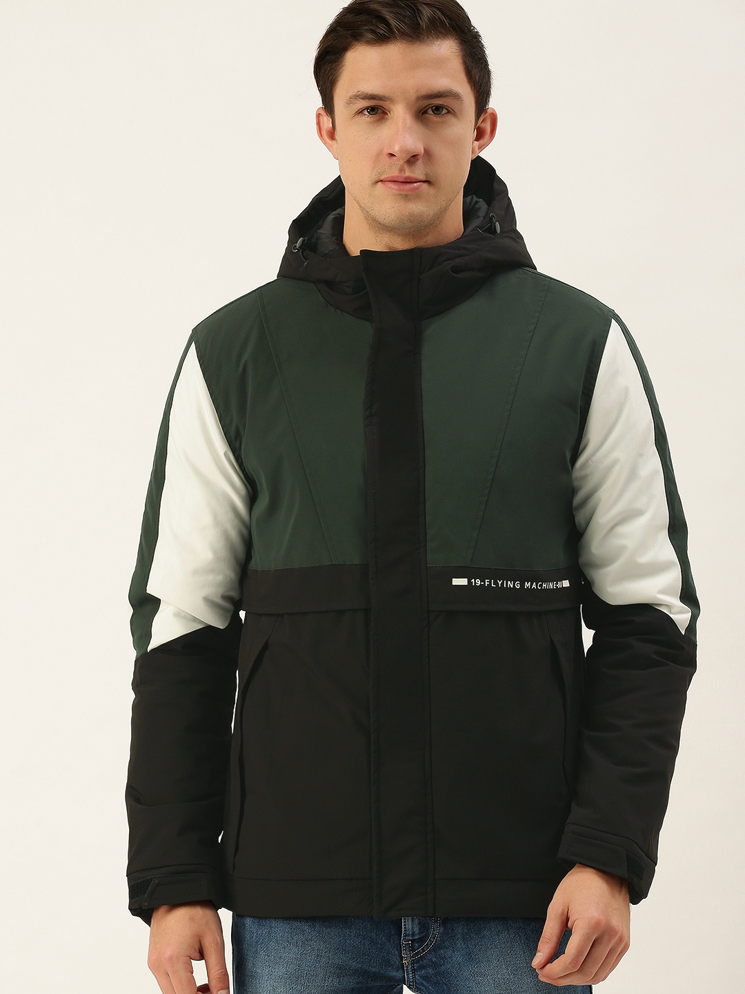 

Flying Machine Men Olive Green & Black Colourblocked Puffer Jacket