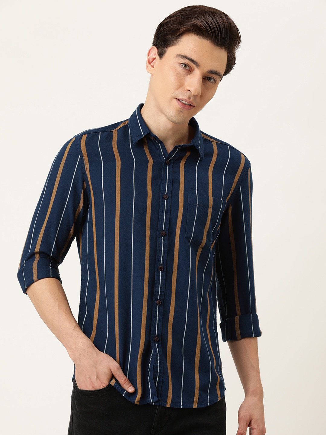 

Flying Machine Men Navy Blue Multi Stripes Casual Shirt