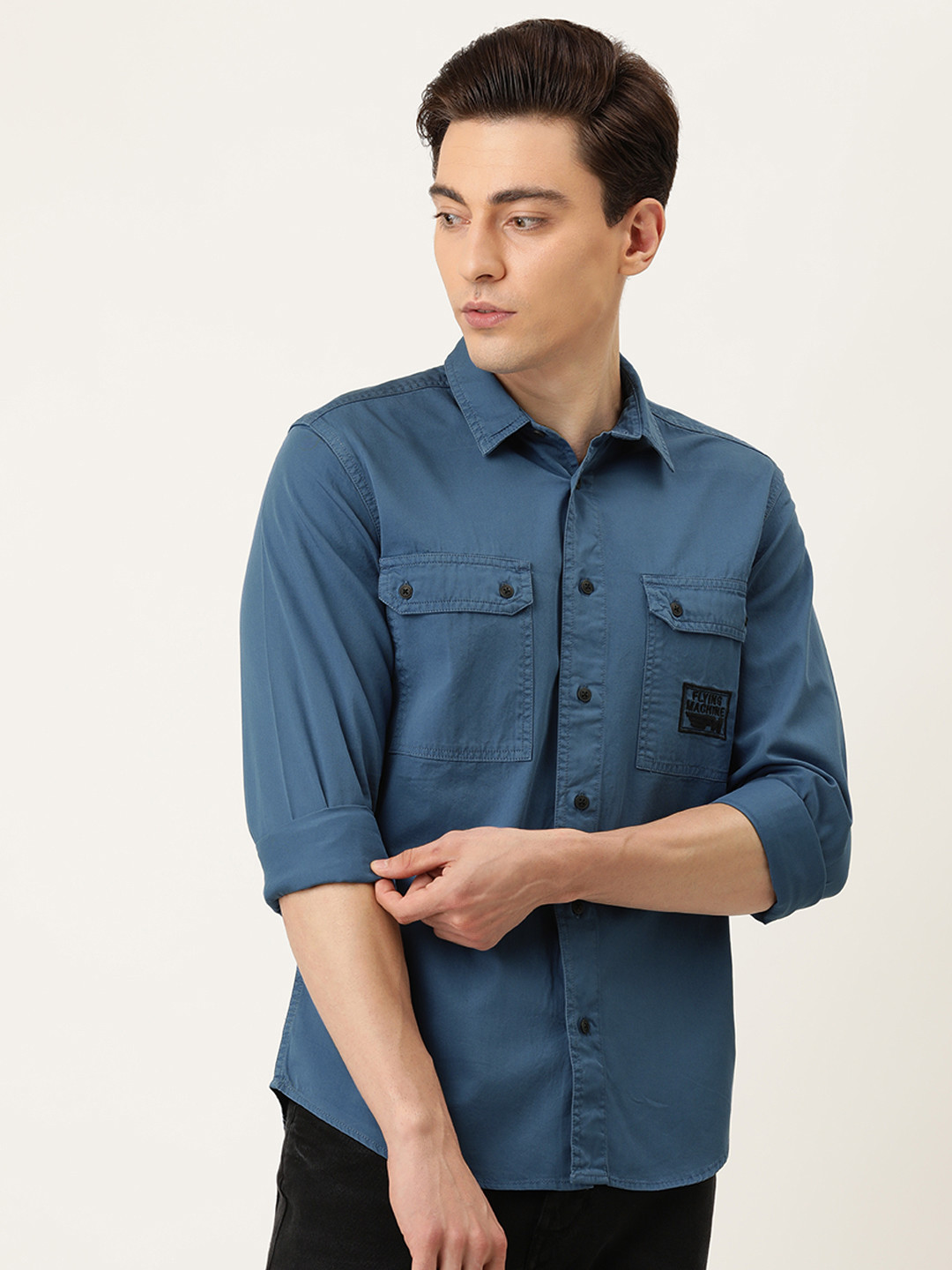 

Flying Machine Men Teal Blue Casual Shirt with Embroidered Detailing