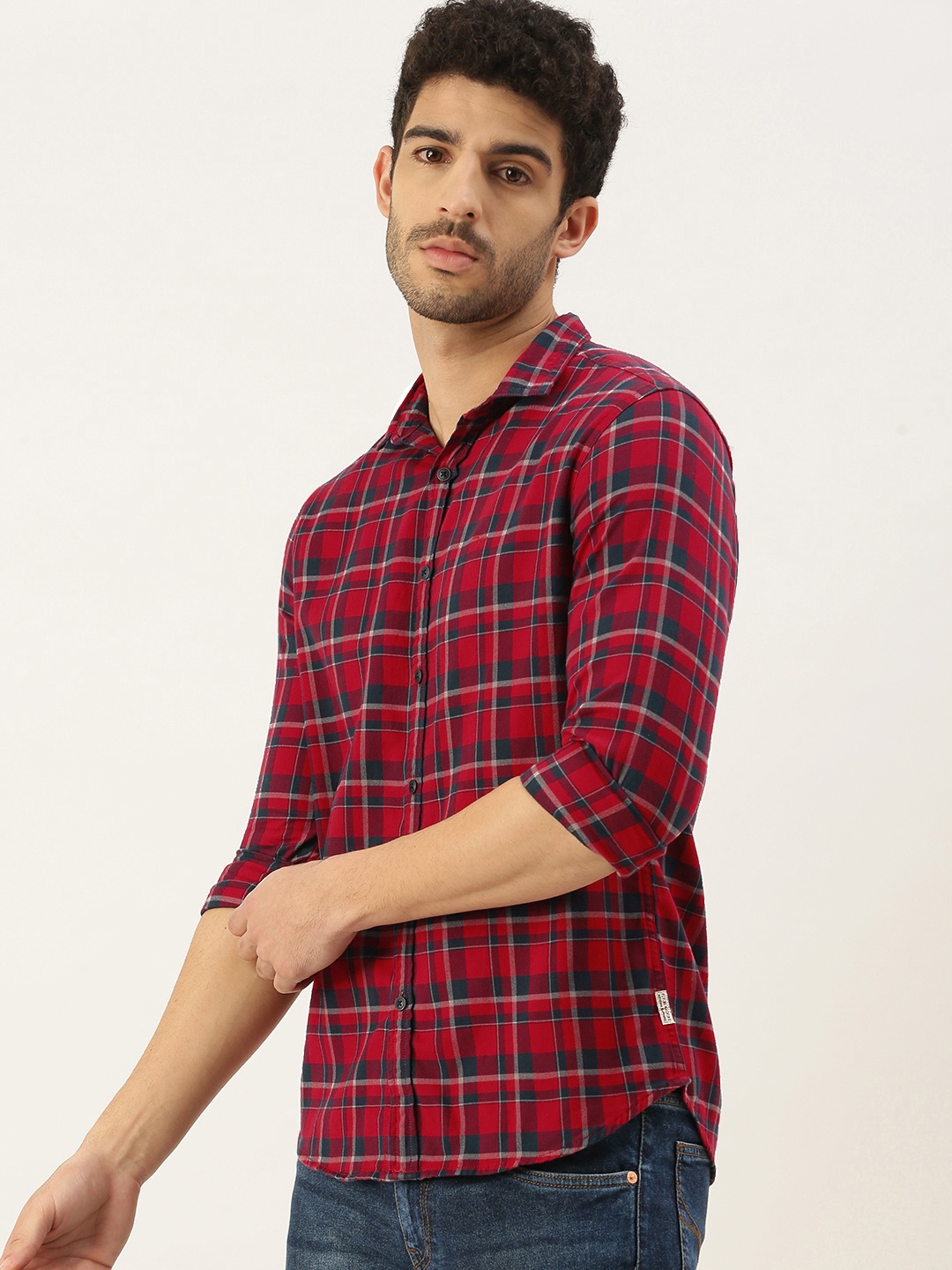 

Flying Machine Men Red Slim Fit Tartan Checked Pure Cotton Casual Shirt