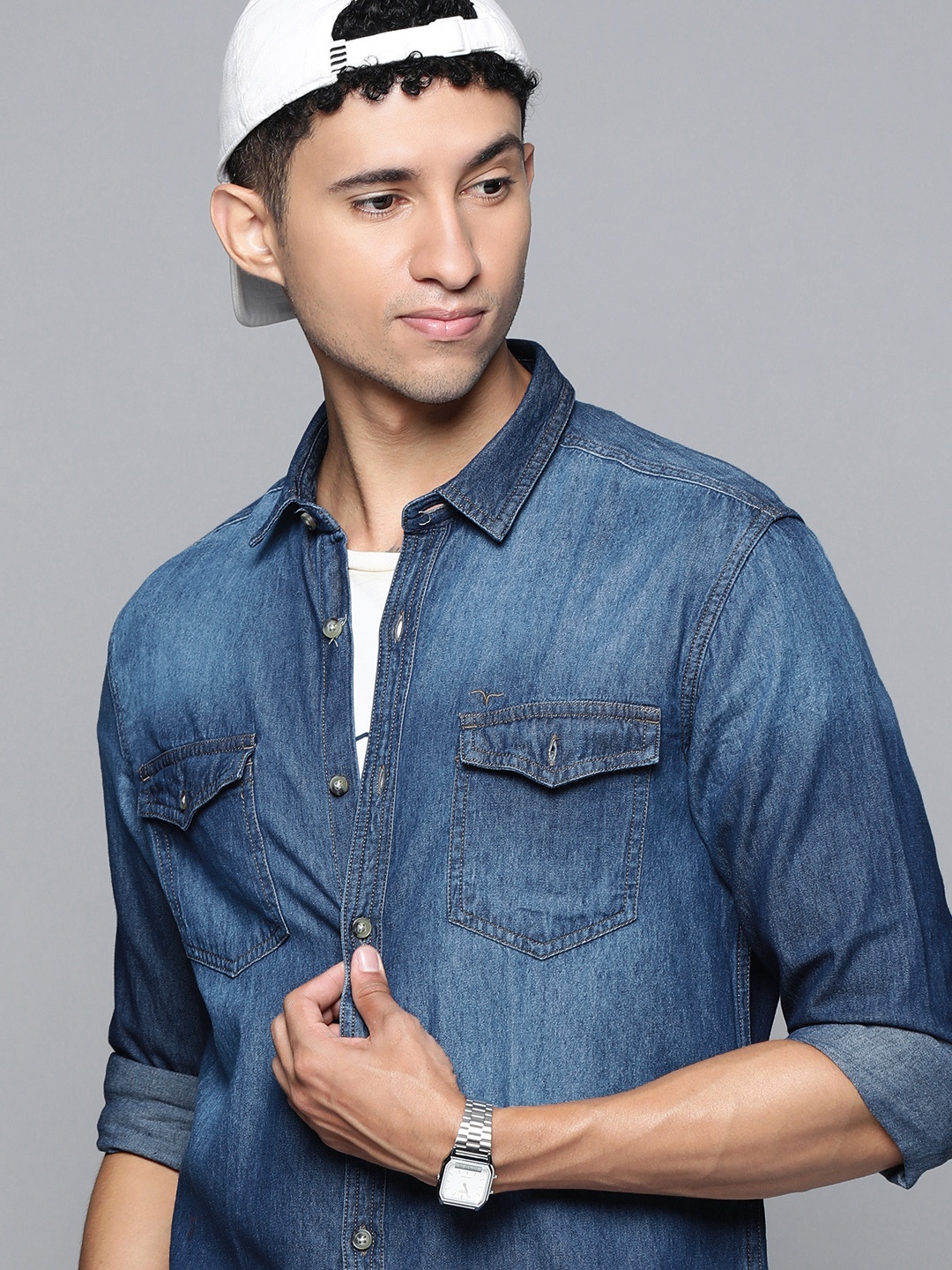 

Flying Machine Men Blue Slim Fit Solid Pure Cotton Denim Casual Shirt