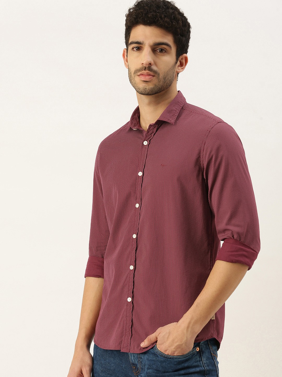 

Flying Machine Men Maroon & White Slim Fit Ditsy Printed Pure Cotton Casual Shirt