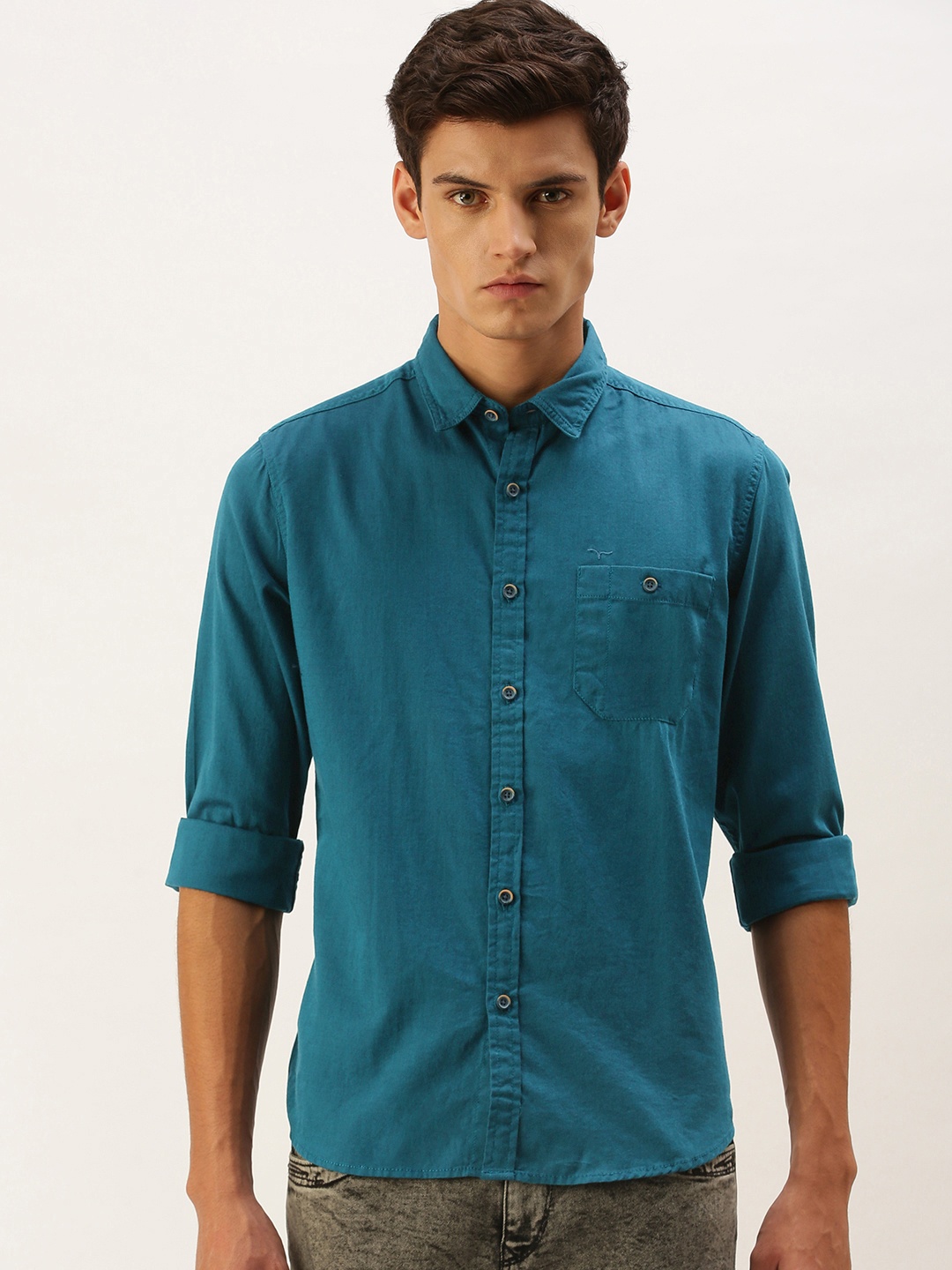 

Flying Machine Men Teal Solid Slim Fit Opaque Casual Shirt