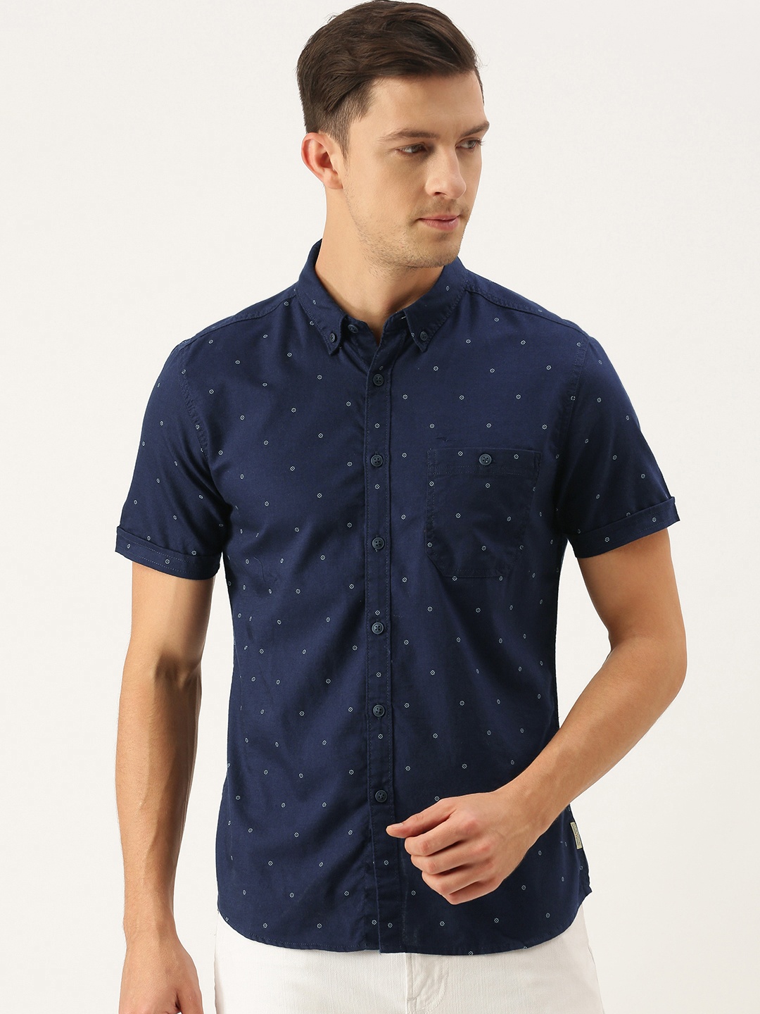 

Flying Machine Men Navy Blue & White Slim Fit Opaque Printed Casual Shirt