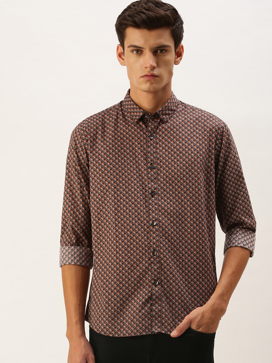 

Flying Machine Men's Coffee Brown Geometric Printed Pure Cotton Slim Shirt