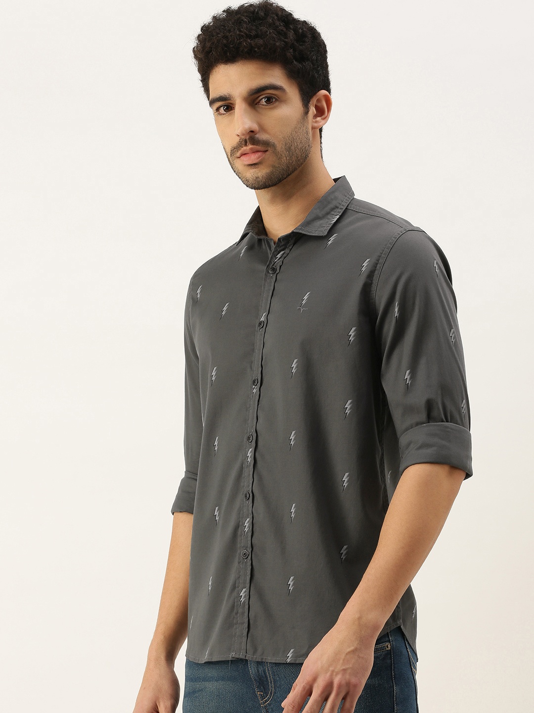 

Flying Machine Men Charcoal Slim Fit Opaque Printed Casual Shirt