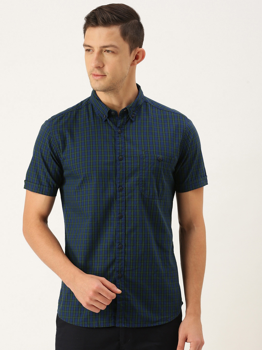

Flying Machine Men Navy Blue & Green Slim Fit Tartan Checked Casual Shirt