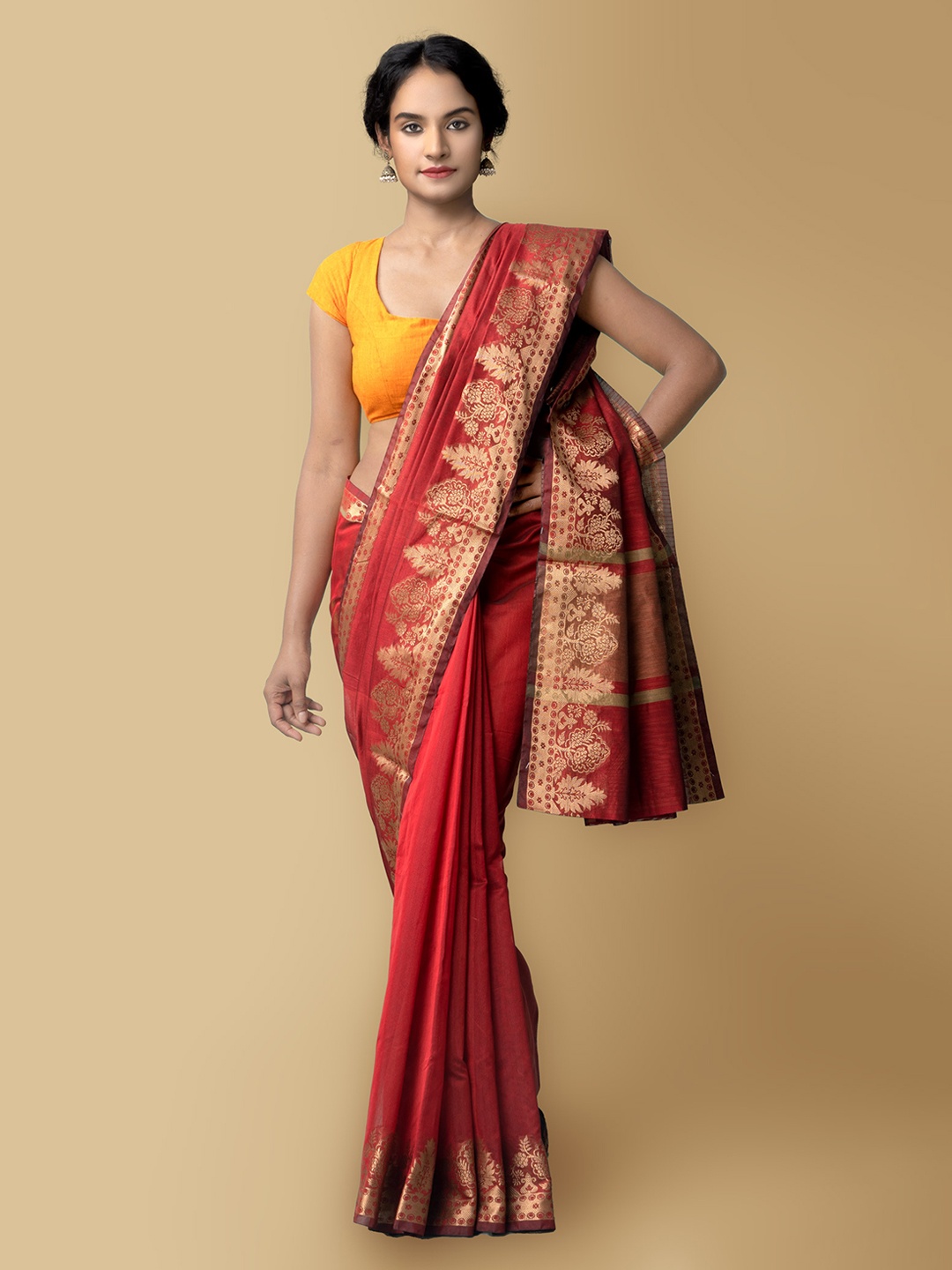 

Unnati Silks Maroon & Gold-Toned Woven Design Zari Silk Cotton Baluchari Saree