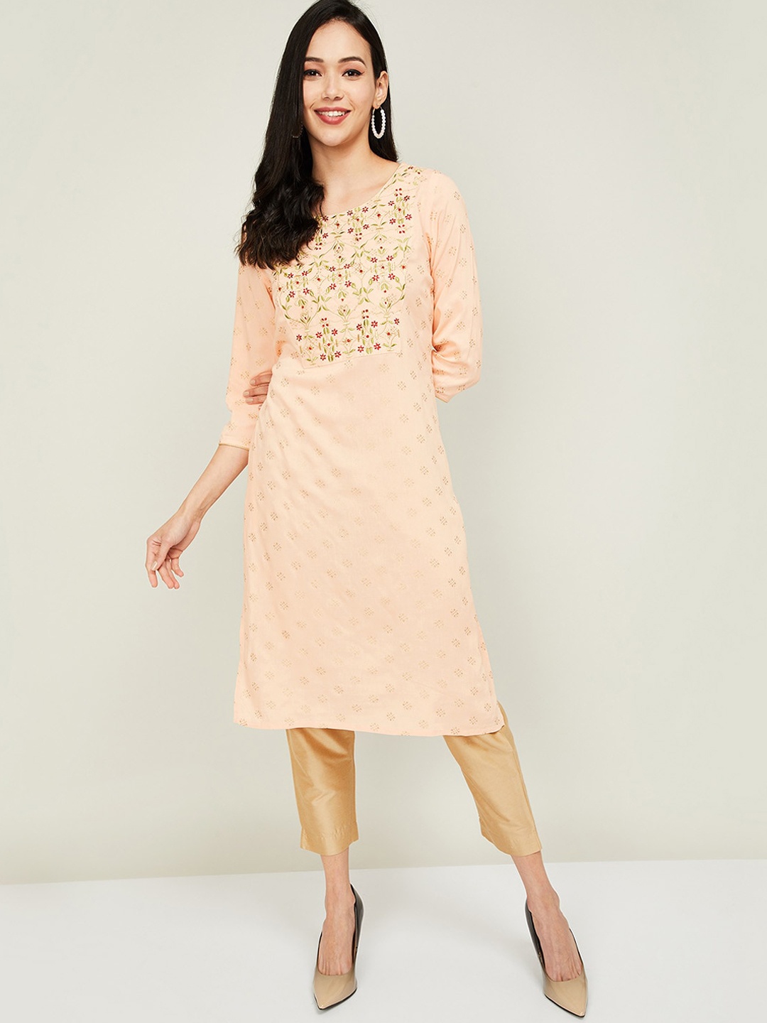 

Melange by Lifestyle Women Pink Yoke Design Keyhole Neck Cold-Shoulder Sleeves Thread Work Kurta