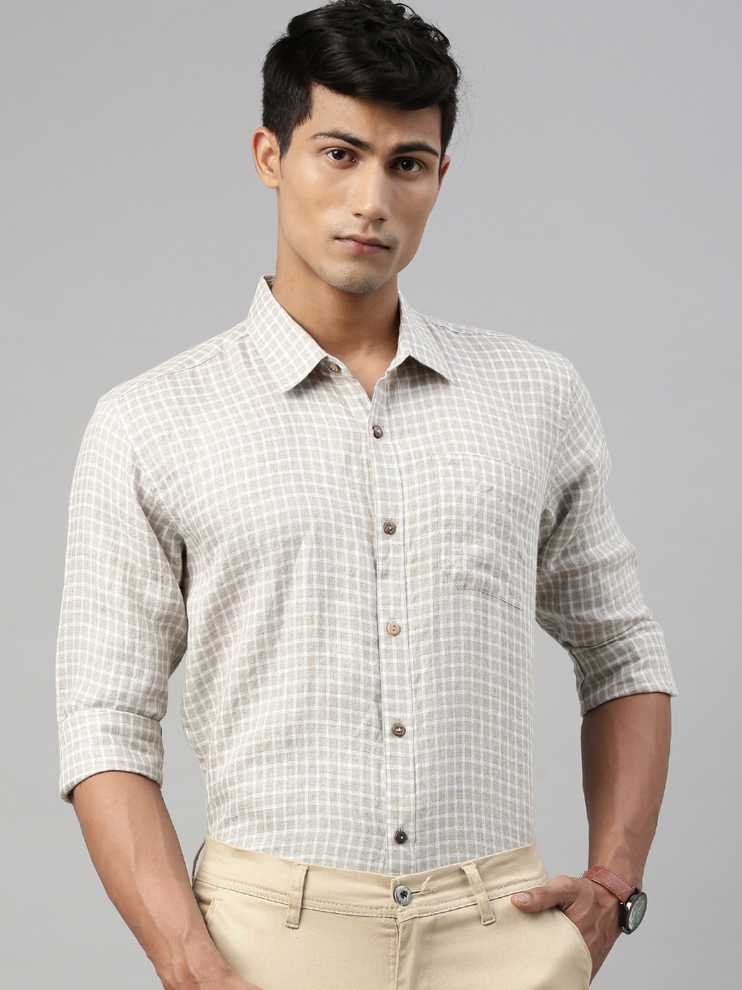 

Ecentric Men Checked Regular Fit Eco-Friendly Hemp Shirt, Beige