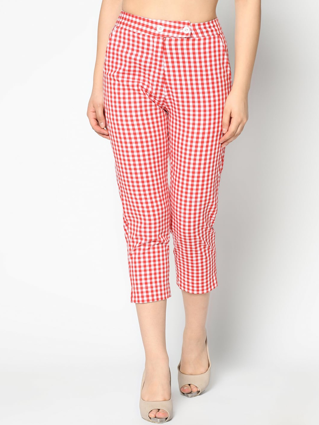 

SQew Women Peach-Coloured Checked Cigerette Trousers