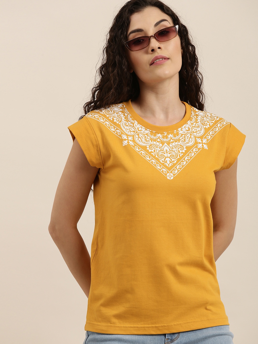 

Difference of Opinion Women Mustard Yellow Printed Slim Fit T-shirt
