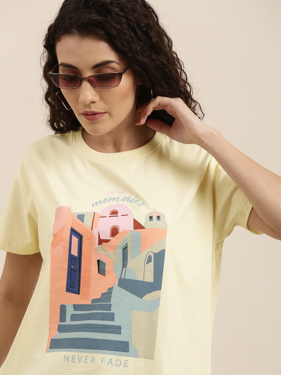 

Difference of Opinion Women Yellow Printed Boxy T-shirt