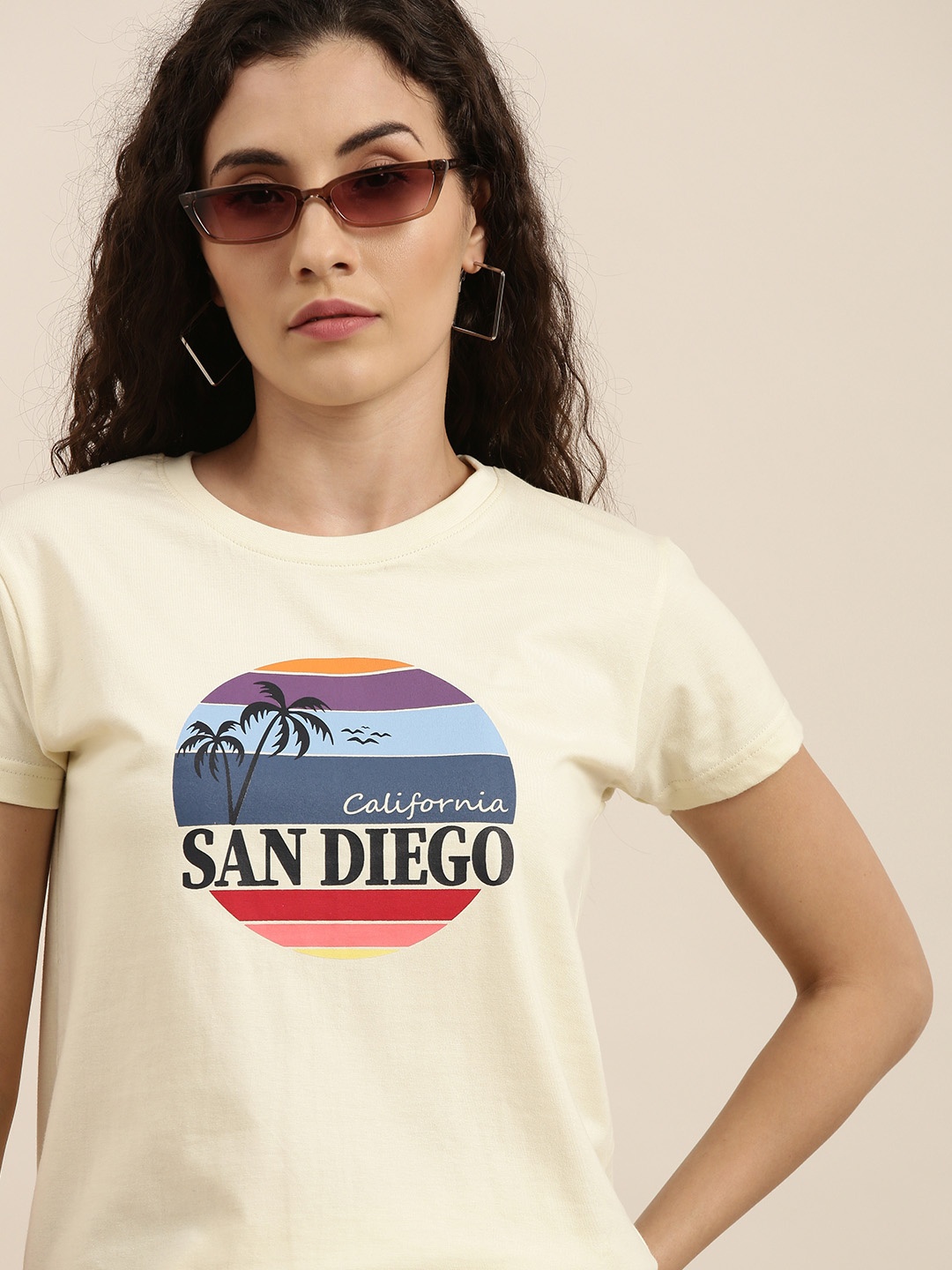

Difference of Opinion Women Cream-Coloured Printed Slim Fit T-shirt