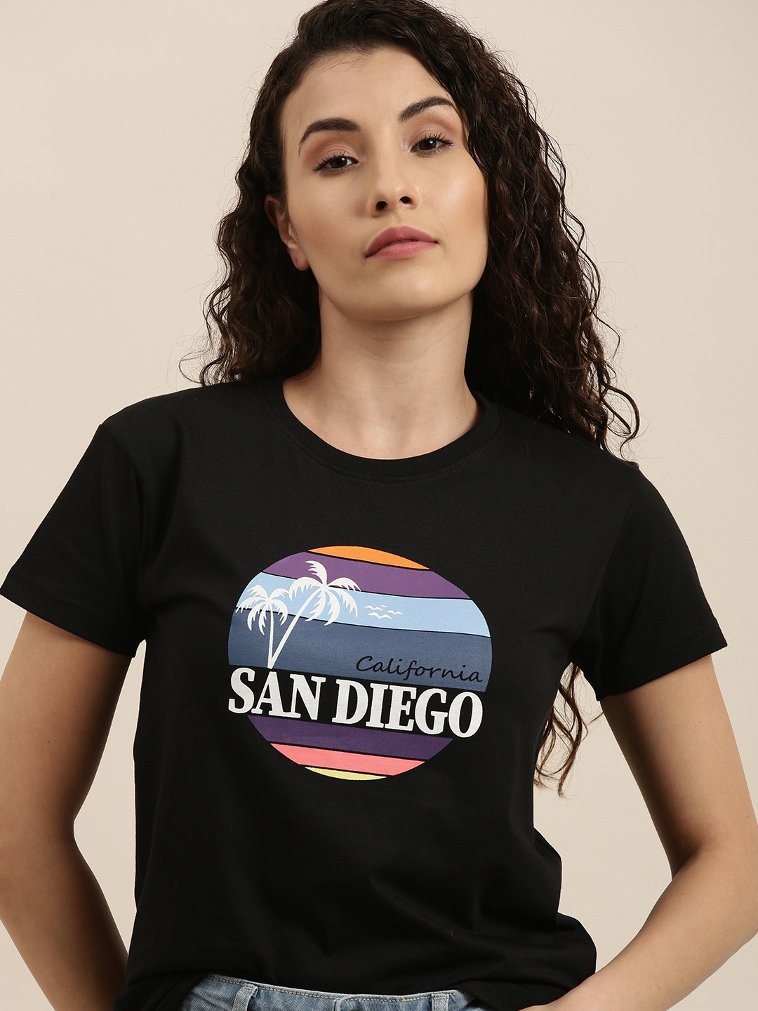 

Difference of Opinion Women Black Printed Slim Fit T-shirt