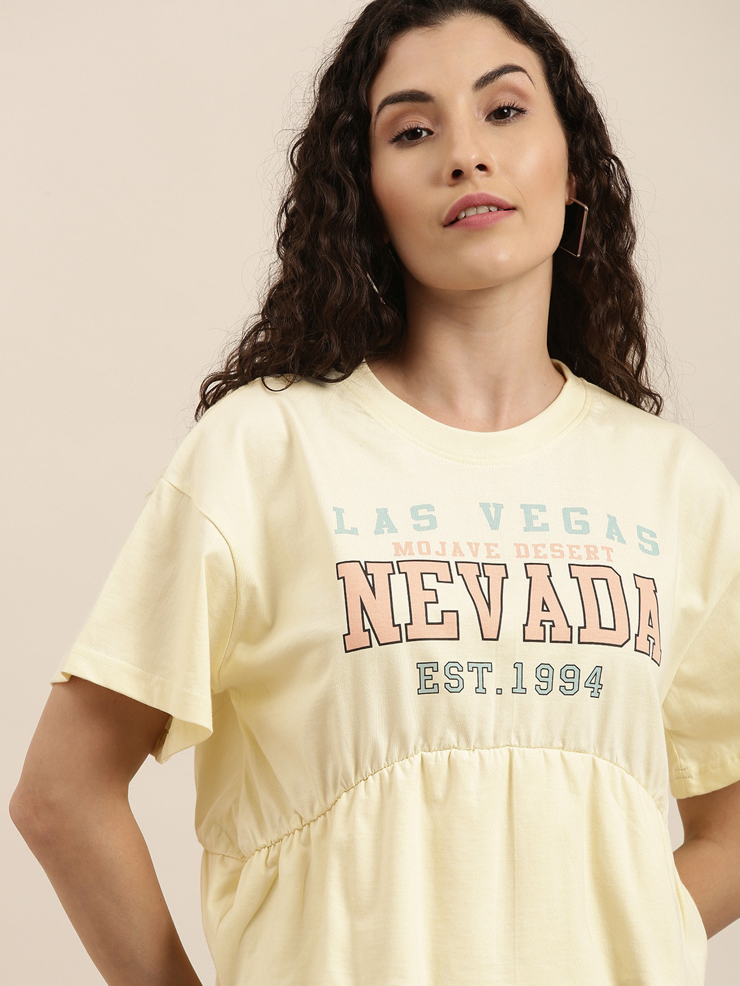 

Difference of Opinion Women Cream-Coloured Typography Printed Boxy T-shirt