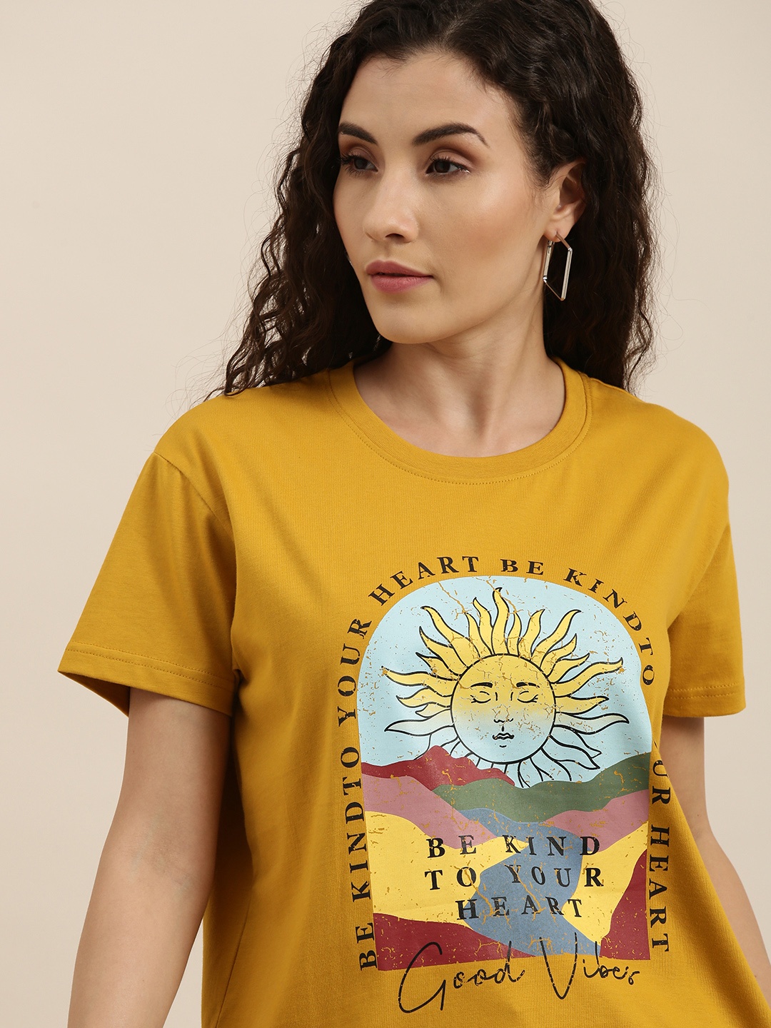 

Difference of Opinion Women Mustard Yellow Printed Boxy T-shirt
