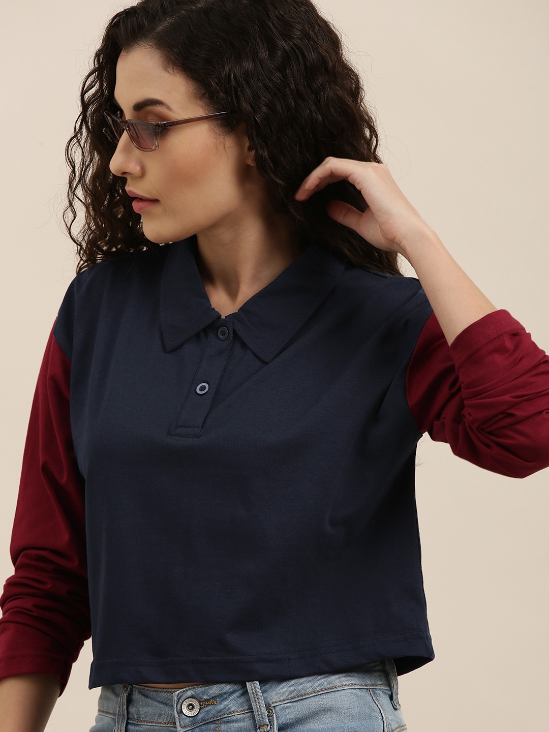 

Difference of Opinion Women Navy Blue Colourblocked Boxy T-shirt