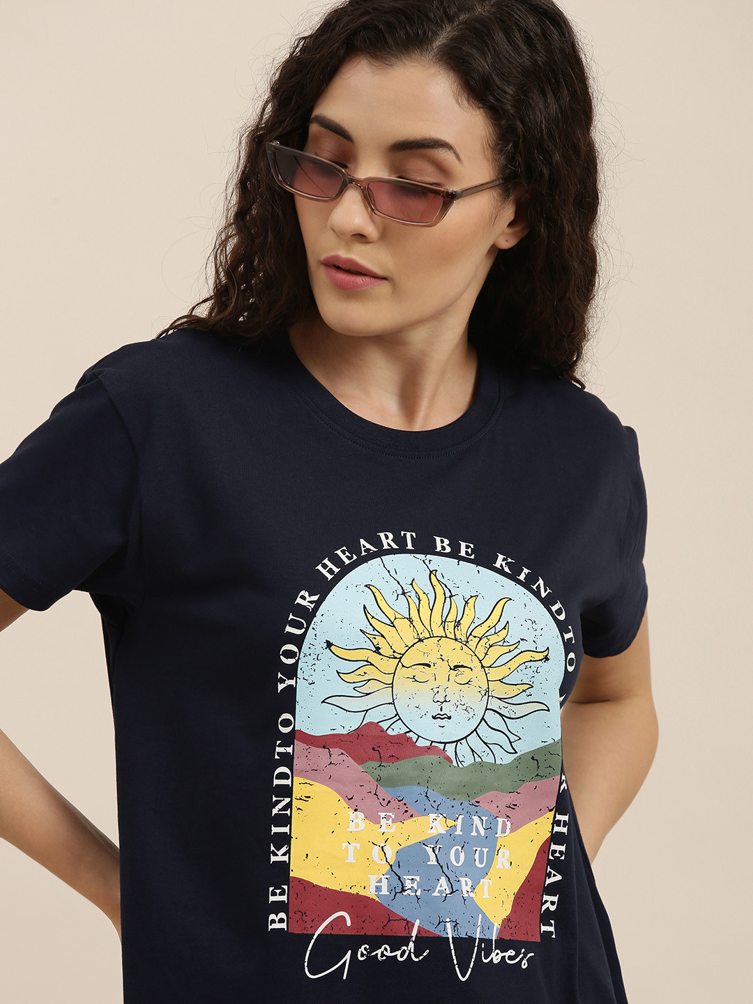 

Difference of Opinion Women Navy Blue Printed Boxy T-shirt
