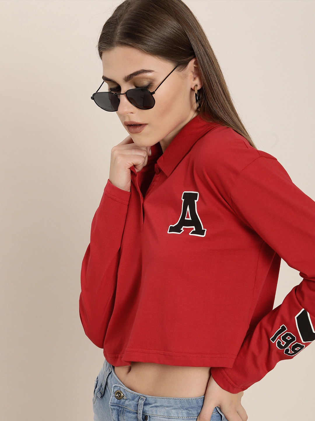 

Difference of Opinion Women Red Pure Cotton Polo Collar Boxy T-shirt