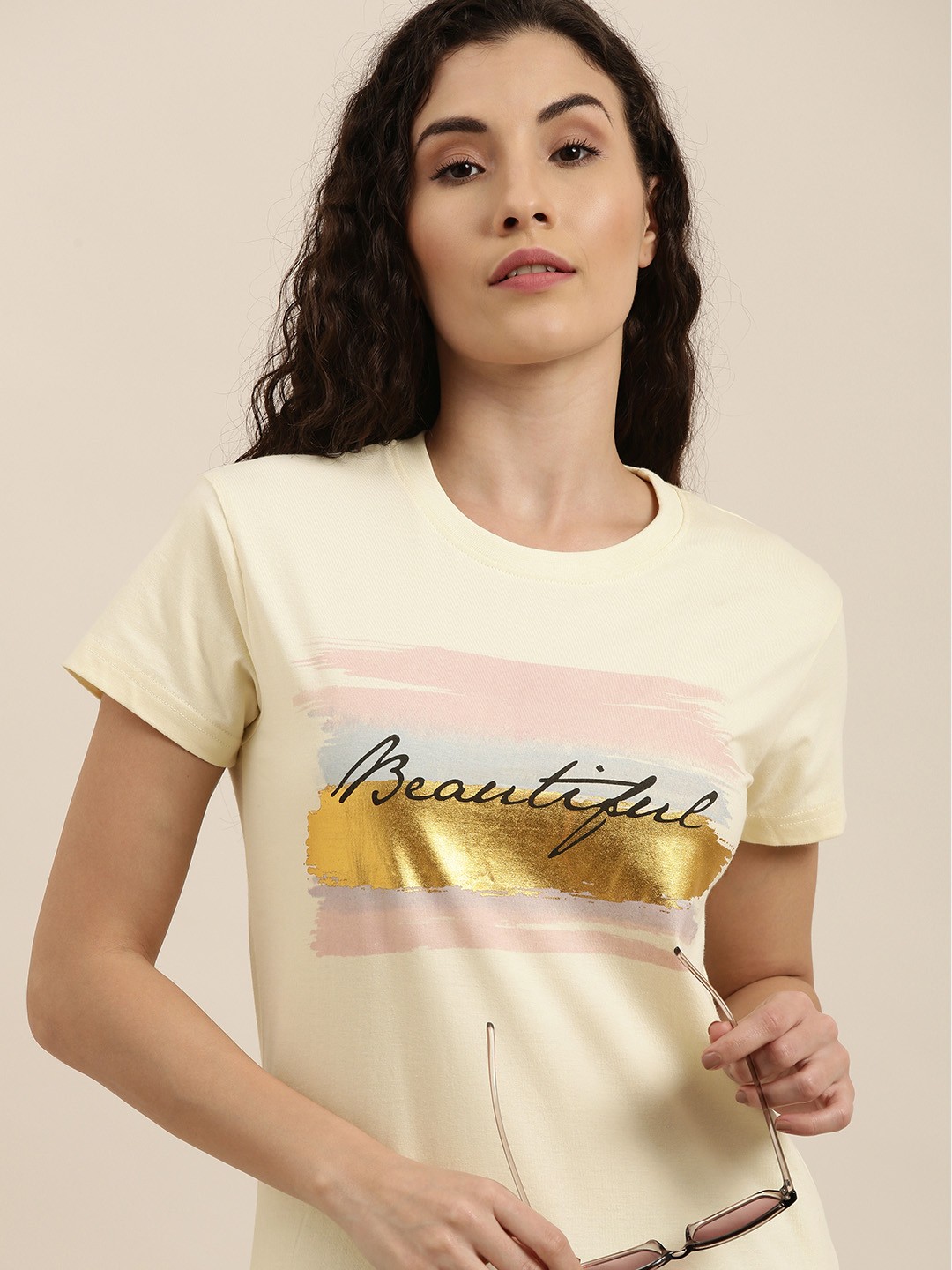 

Difference of Opinion Women Cream-Coloured Printed Slim Fit T-shirt