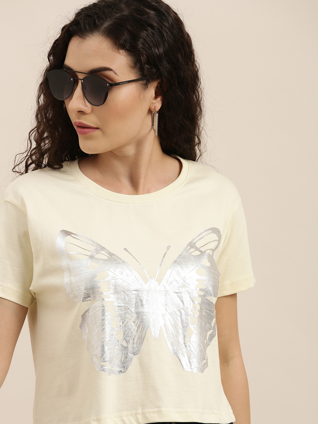 

Difference of Opinion Women Cream-Coloured Printed Boxy T-shirt